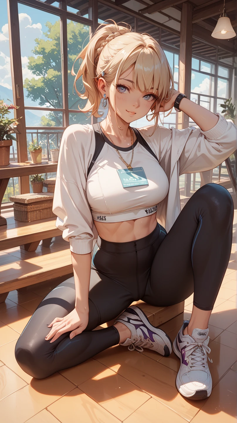 (solo), (a detailed full body RAW photo of a girl), (masterpiece:1.0), (best quality:1.4), (ultra highres:1.2), (photorealistic:1.4), 8k resolution, Canon EOS R5, 50mm, absurdres, ultra detailed, (18yo), sharp focus, cinematic lighting, detailed beautiful face, (makeup:1.2), (ulzzang-6500-v1.1), petite figure, detailed skin texture, pale skin, flat chest, (skinny and fit body:1.3), thigh gap,Blonde:1.3 and pink:0.7 Hair, Sidecut Layer Bob, (Purple eyes), (smiling), (sports bra, sports leggings:1.4), realistic glistening skin, (bedroom:1), (cameltoe:1.3), (sweating:1.45), slim waist, seductive smile, solo, ,(beautiful eyes, starry eyes:1.3)