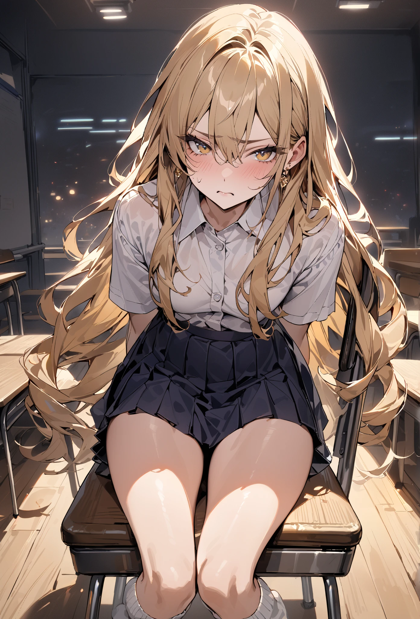 top-quality、supreme1People Girls,hightquality,A detailed face、A detailed eye、Detailed nose、Detailed mouth、 Beautiful expression, ((masuter piece)), ((High resolution)), ((Best Quality)), detail, (NSFW:1.4 ,With a disgusting face,Glaring at this), ((Skin shiny with sweat)), (shool uniform:1.2、Loose socks)、 girl with, a blond, (Half Twin Tail)、Sit at a desk and open your legs:1.3、fair white skin:1.3、、Smaller chest, cinmatic lighting, perfectly shaded,(((girl's own room))), Realistic lighting with shades,Reflecting the whole body