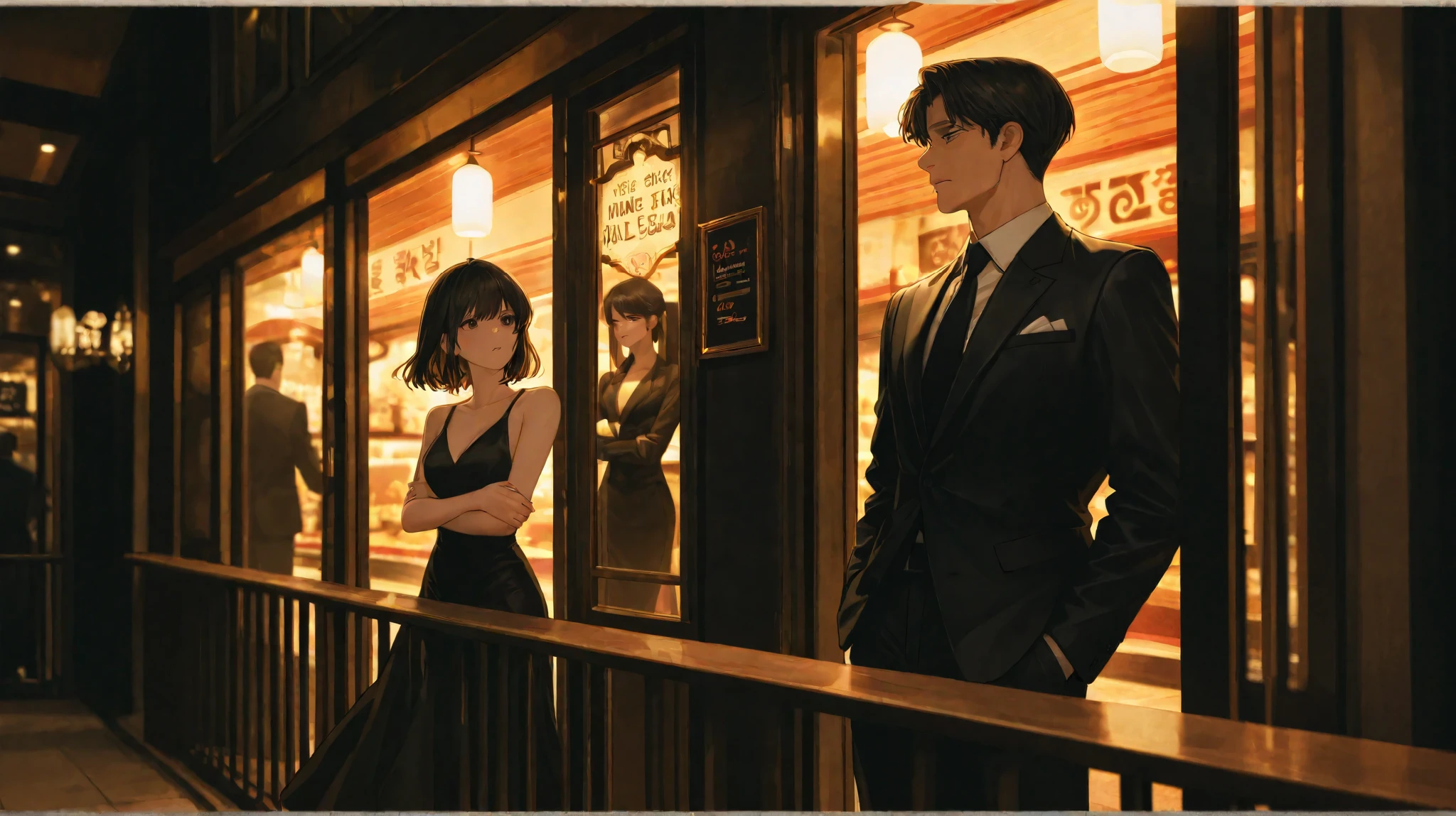 A chic restaurant in Cheongdam-dong with dim lighting and elegant decor. A woman in a black dress sits across from a charming man in a tailored suit, engaged in conversation. At the entrance, another man in a three-piece suit stands with his hands in his pockets, his expression dark. Outside on the balcony, the same woman stands with the man in the suit, her arms crossed as she leans in slightly. He stands close, his jaw clenched, as if holding back words he can’t say.