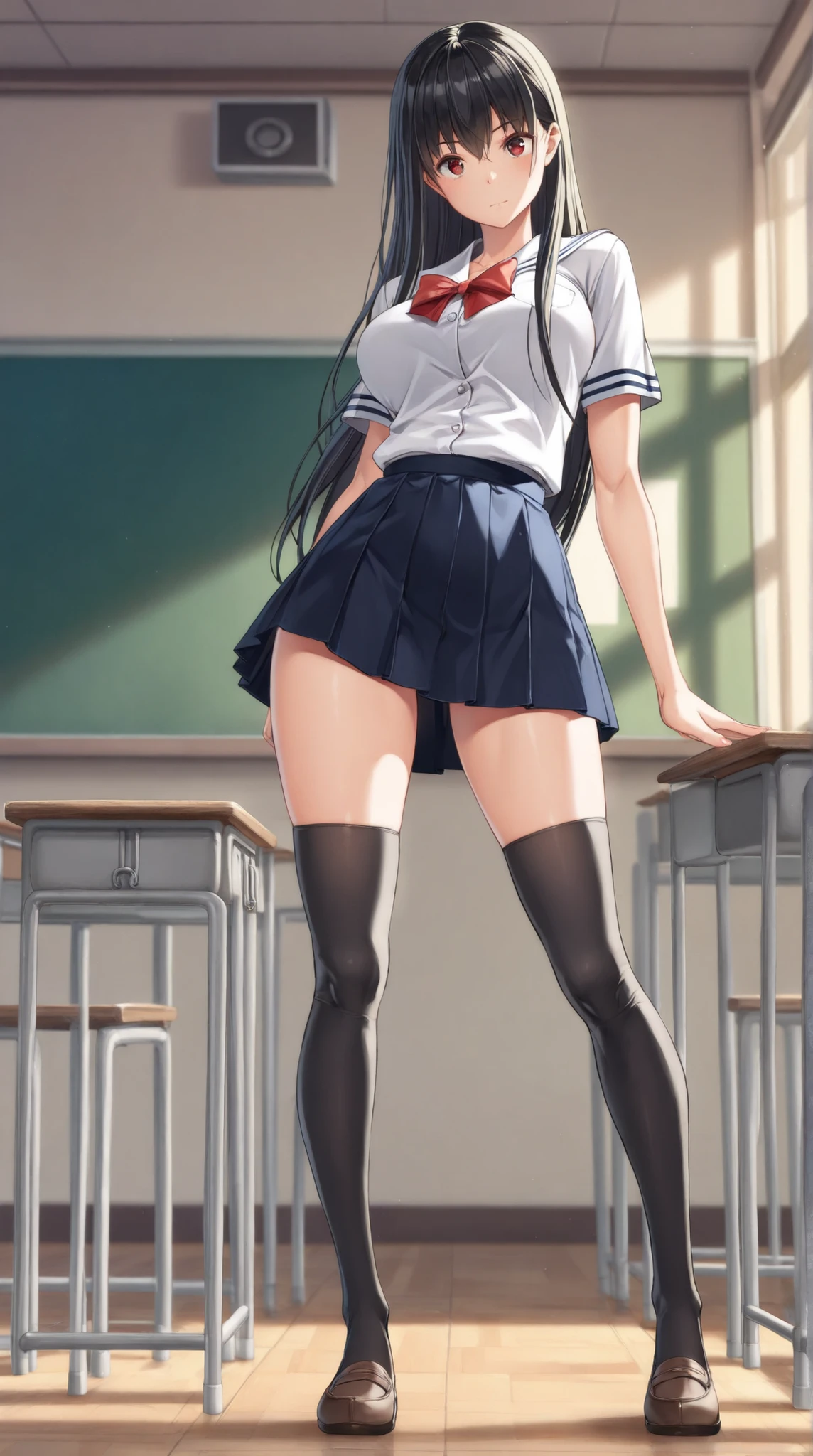highest quality,masterpiece,8k,1girl,medium breasts,orgasm,blush, sweat,mini skirt,lift skirt,upskirt,white panties,Mizuki Yukikaze,hair ribbon, green shirt, serafuku, white neckerchief, long sleeves, pleated skirt, black skirt, black thighhighs, loafers,classroom