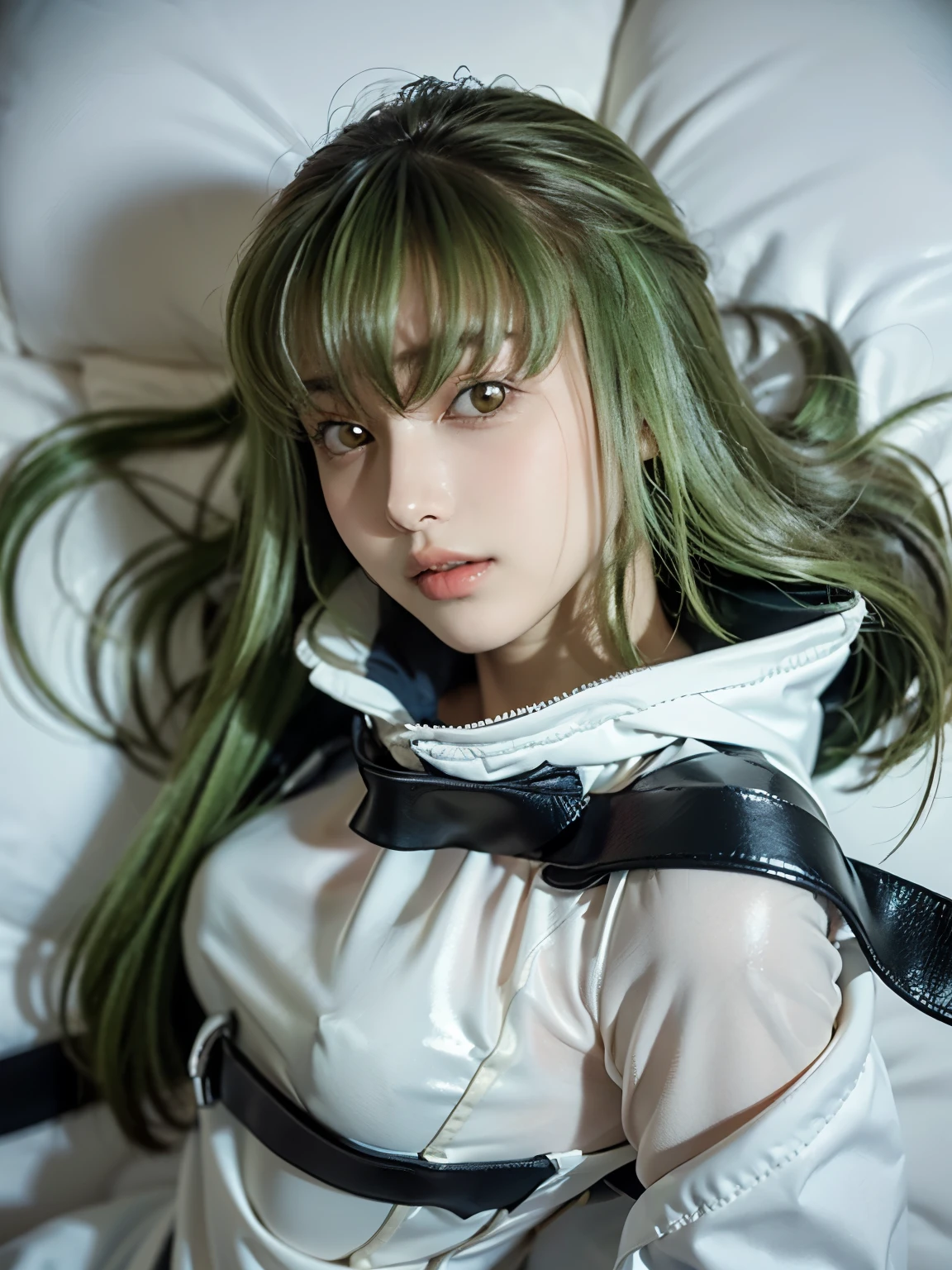 1girl, Alone, (cute Japanese girl), 18yo, Young female, slim body, (seductive smile), Looking at camera,
break
upper body, (portrait:1.2), from above, (lying on bed:1.3), (on back:1.5), (put head on bed:1.5), Seductive pose, arms behind back, dynamic angle,
break
Professional photo-realistic images, (16k, RAW photo, best quality, masterpiece:1.2), (realistic, photo-realistic:1.4), (extremely detailed 8k wallpaper), sharp focus, depth of field, blur background, bokeh, cinematic lighting, soft light, High resolution 16k close-up of human skin,
break
perfectly round breasts, huge breasts
break
white full body suit, long sleeve, white bodysuit, latex, Straitjacket,
break
c.c., bangs, (green hair:1.5, long hair, crossed bangs:1.3, yellow eyes:1.3),
break