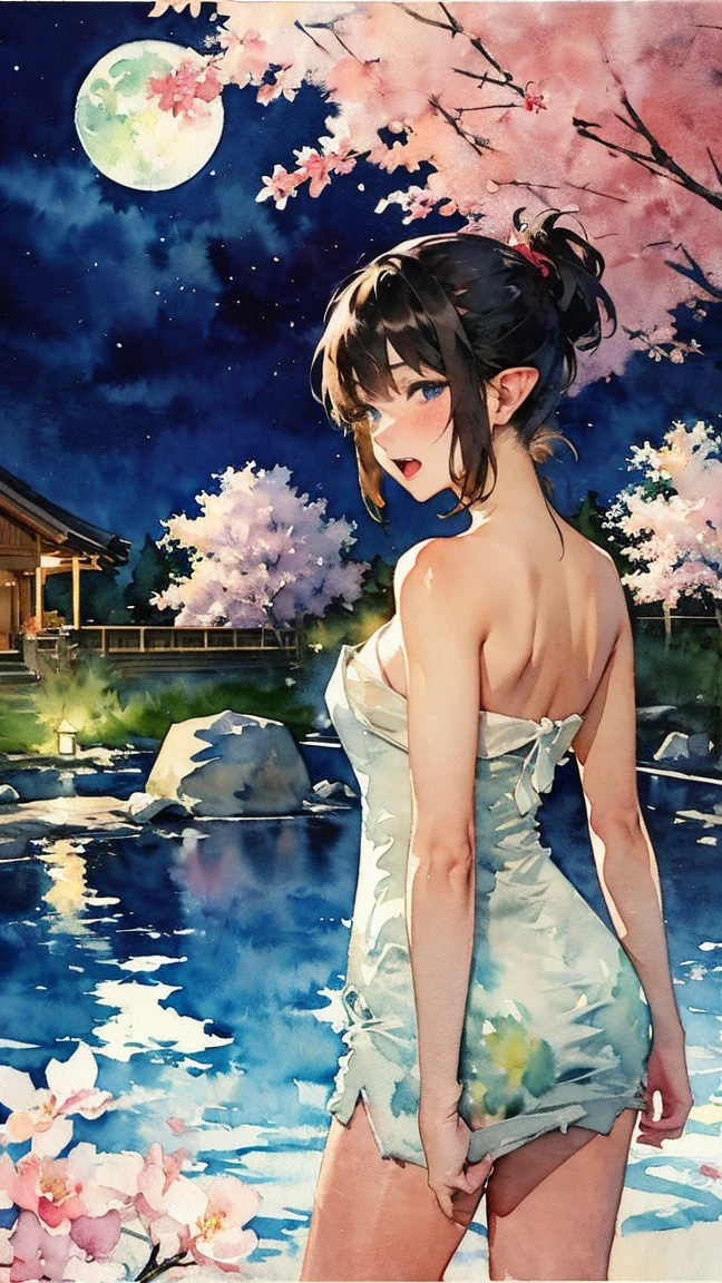 1 girl , perfect breautiful pink bikini , cherry blossoms , at night , japanese hot springs