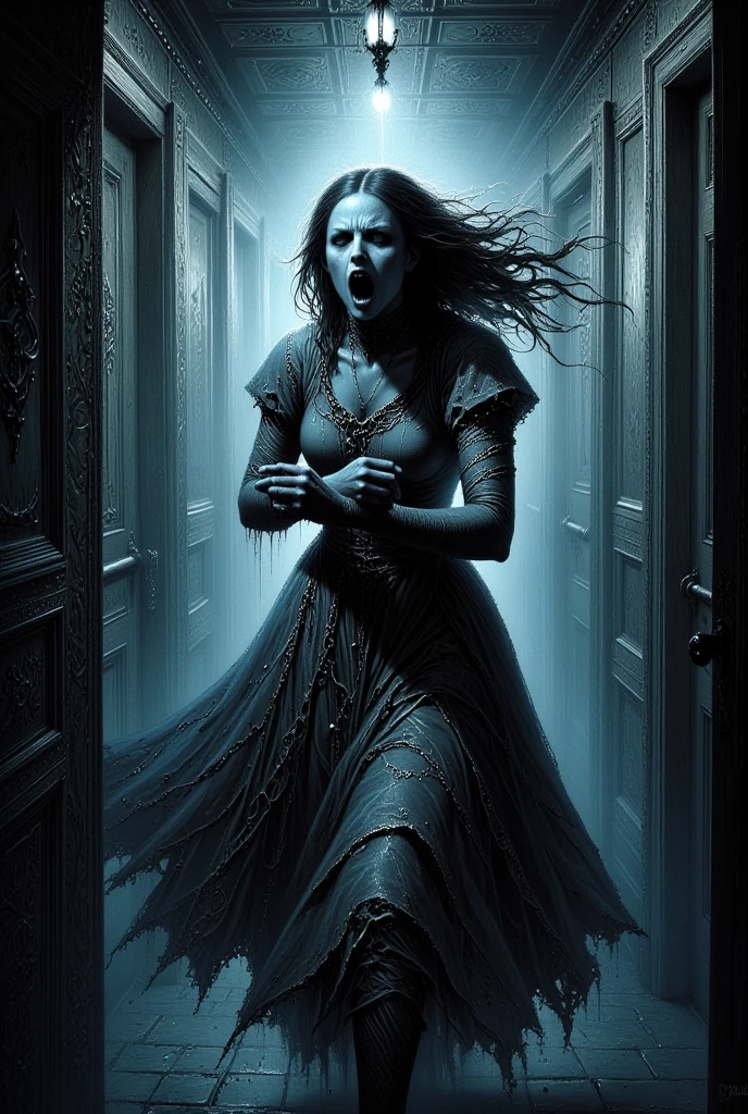 Create a creepy image of a yokai in the style of manga artist 御茶漬海苔. The yokai is a dark songstress with long black hair, glowing blue eyes, an old dress, a creepy laugh, sharp claws, a body shrouded in darkness, and a ghostly floating form. The background is a decayed theater, emphasizing shadows and a haunting atmosphere.