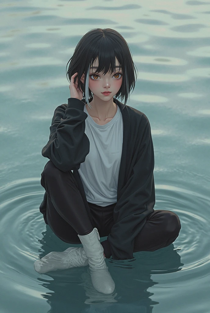 linear art,
1girl in, Solo, Short hair, Black hair, Long sleeves, Sitting, Barefoot, Indoors, hoods, Bare legs, phone, The table, knees up, desk work, Fish, Bubble, under the water, Air bubble,chiquita