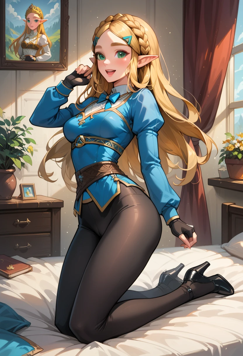 masterpiece, best_quality, 1girl, solo, princess zelda, nintendo, the legend of zelda, botw, black pants, huge breasts, tight clothing, (cameltoe), blushing, happy, smiling