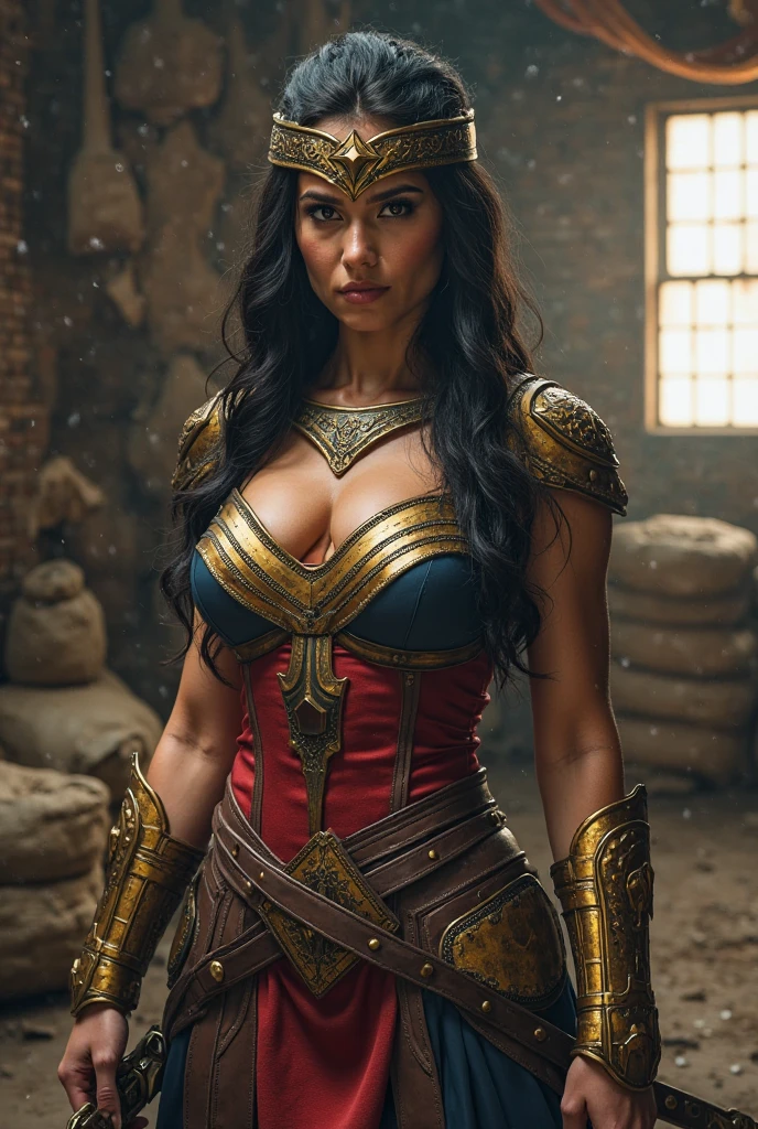 Thor armour, red cloak, big breasts, black hair