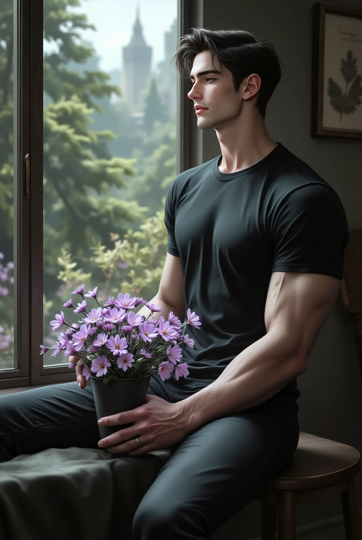 A handsome man sitting on a window with purple Aster flower pot in his hands