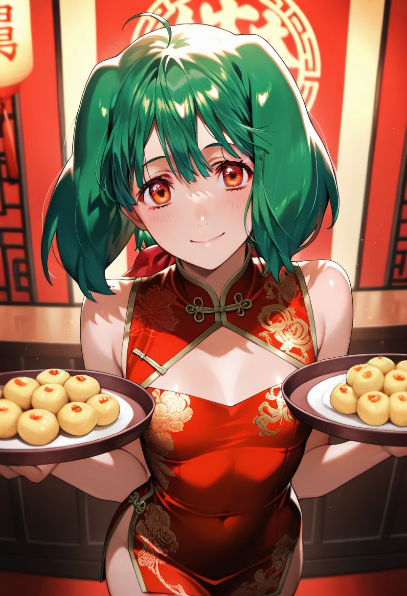 (best quality:1.4), anime, solo, A green haired girl in supermarket gyoza dumplings jiaozi, cleavage