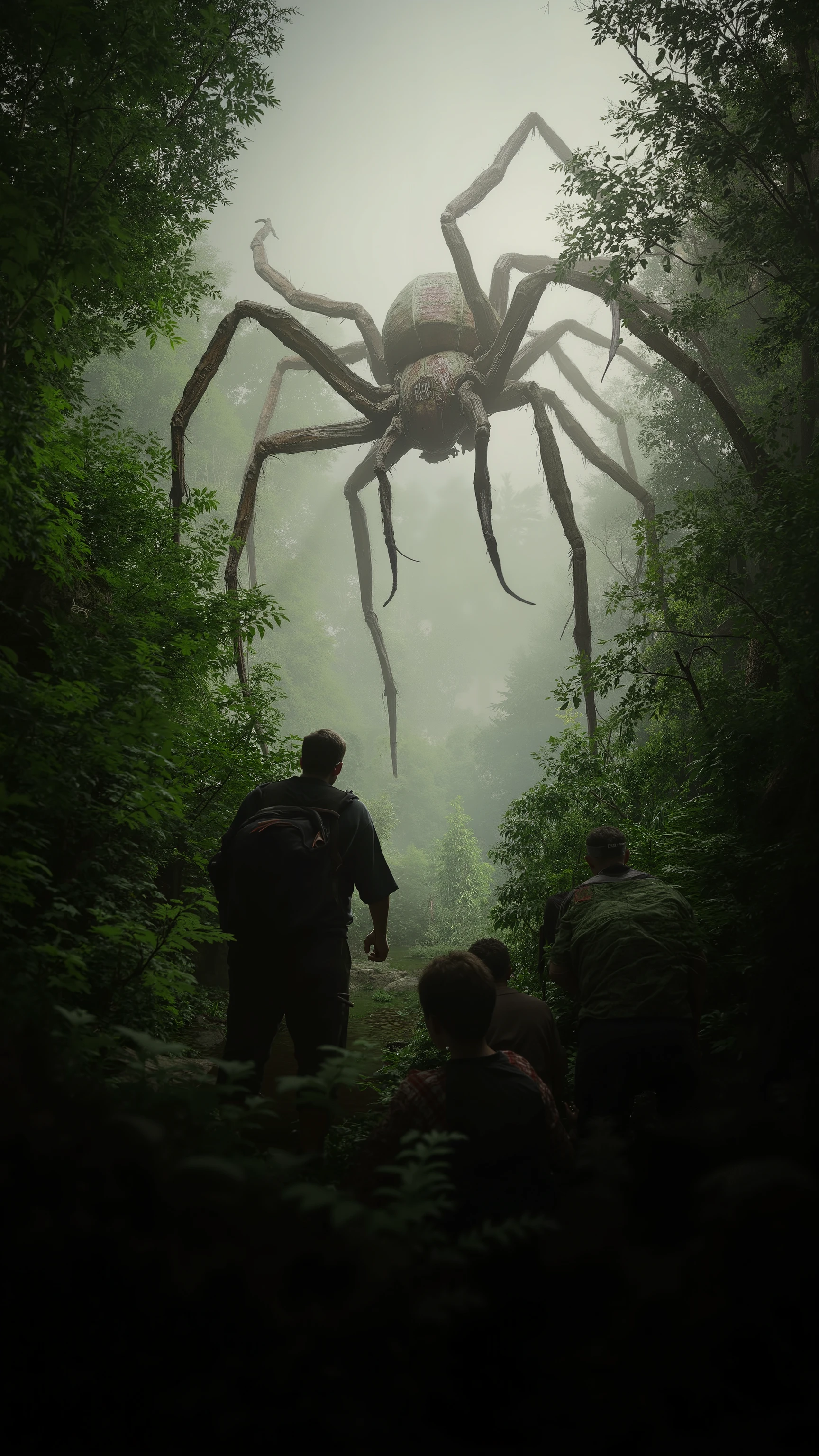 The camera looks up in a dense forest as a giant tall poisonous spider crawling over people's heads、 8K resolution on the front、 Realistic Textures 、cinematic lighting、depth of field。