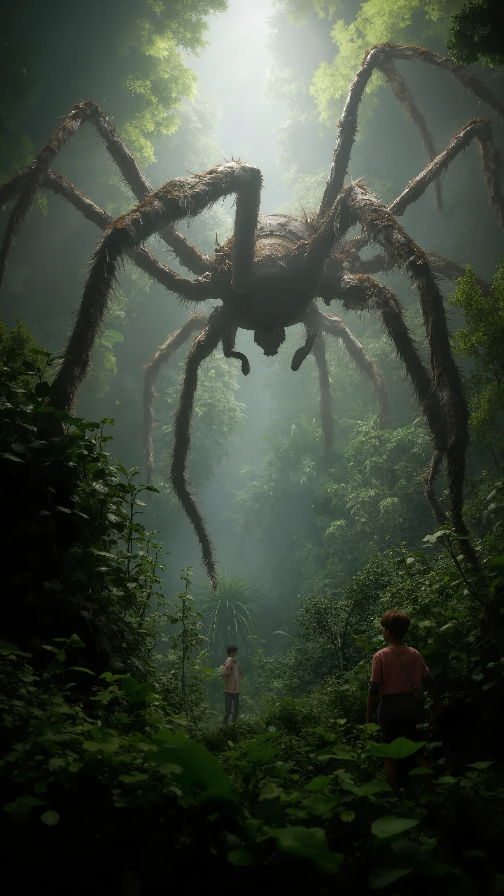 The camera looks up in a dense forest as a giant tall poisonous spider crawling over people's heads、 8K resolution on the front、 Realistic Textures 、cinematic lighting、depth of field。