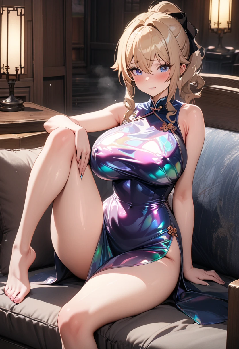 Ini yamanaka, very tempting pose, (at chinese restaurant), (chinese restaurant background), purple dress, lingerie sexy clothes, cleavage cutout, clothing cutout, bare shoulders, blonde hair, very long hair, bellybutton, groin, ponytail,Bangs,purple eyes, 1 girl, 20yo,Young female,Beautiful Finger,Beautiful long legs,Beautiful body, bigbreasts, purple panties, in bed, bedroom, bed, sitting on the bed, Beautiful Nose,Beautiful character design, perfect eyes, perfect face,expressive eyes, perfect balance, looking at viewer,(Focus on her face), official art,extremely detailed CG unity 8k wallpaper, perfect lighting,Colorful, Bright_Front_face_Lighting,White skin, (masterpiece:1.0),(best_quality:1.0), ultra high res,4K,ultra-detailed, photography, 8K, HDR, highres, absurdres:1.2, Kodak portra 400, film grain, blurry background, bokeh:1.2, lens flare, (vibrant_color:1.2),professional photograph, (beautiful_face:1.5),(narrow_waist)