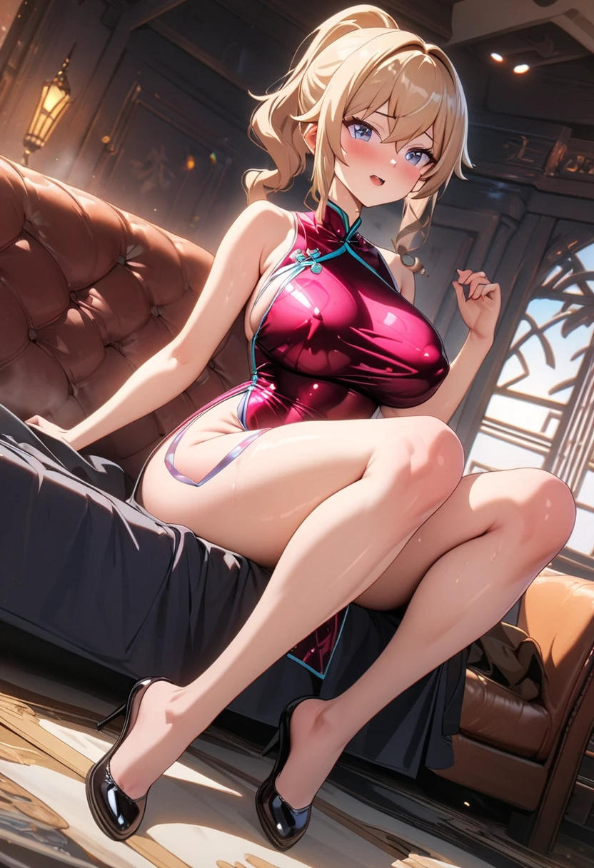 Highest Resolution,Highest quality,Woman in Chinese leotard,smile,Bun Hair,Bedroom,bed,High leg,Blonde,