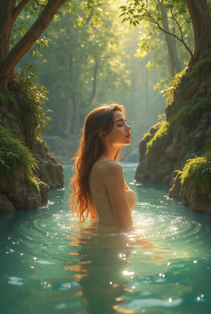 Create an image with the characteristics defined in the tag and avoid using the characteristics defined in the tag . A young woman seen from the back in a lush natural landscape. The young woman has white/silver hair tied up in a high, messy bun, with a few loose strands falling around. Her skin is fair, and there are visible droplets of water on her bare back, suggesting she is wet or sweaty. The lighting in the image is soft and natural, reflecting a forest environment with a waterfall in the background. The waterfall is majestic, with water gently cascading between the rocks, creating a serene and tranquil atmosphere. There is a clear stream running beside her, with stones and dense vegetation around. Sunlight penetrates through the trees, creating gentle highlights and shadows over the scene, highlighting the contrast between the young woman's skin and the lush green background. The color palette should consist mainly of natural greens, soft blues from the water, and skin tones. The composition of the image should emphasize the tranquility and isolation of the natural environment, focusing on the detailed texture of the young woman's wet skin and the gentle movement of the water. The image should have a high level of detail, especially in the texture of the skin, hair, and surrounding vegetation, maintaining a realistic artistic style with touches of digital art.Avoid including any urban elements, additional figures, animals, or any modern objects. There should be no traces of pollution, exaggerated fantasy elements, or vibrant, artificial colors. Also, avoid abstract or surrealist art styles and the absence of detail in natural textures.