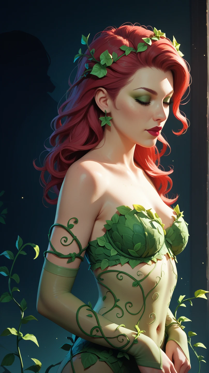 a woman with long crimson hair, intricate Green lingerie, beautiful detailed eyes, beautiful detailed lips, extremely detailed face, longeyelashes, elegant pose, graceful movement, breathtaking, detailed and realistic, oil painting, dramatic lighting, warm color palette, cinematic composition, masterpiece, 8k, high quality, poison ivy, freckles on breasts, freckles on face