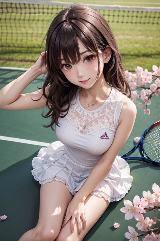 Highest quality、High resolution、Detailed Background、(Detailed eyes:1.2)、Teenage beauty、(Highly detailed face:1.4)、(Huge breasts:1.2)、Cute hair color、Cute hairstyle、Perfect body line、Tennis court、Girls enjoying tennis、smile、Uplifting、One-piece tennis wear with a skirt、The skirt is flared and cute、T-shirt and skort set、The T-shirts are printed with logos and graphic designs, making them sporty yet cute.、Colorful gradient and patterned designs、Pale pastel colors and vivid colors、Feminine details such as ribbons and frills、It has a ribbon on the waist and frills on the hem.、hair band、Wristband、socks、Sneakers and other shoes are also available in white and pink.、Choose pastel colors、Sporty yet cute、Cute gestures