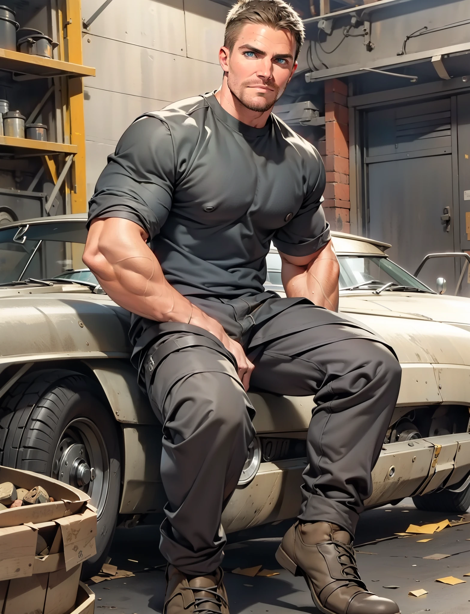 masterpiece, best quality face, natural eyes,mature man, muscled and mature, stephen amell as a mechanic man, sweating, full body