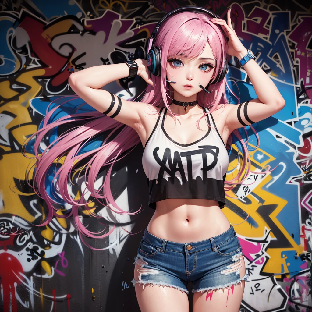 one women, Rainbow style, cyberpunk women, ​masterpiece, best quality, 1 girl, alone, Short top, Jeans-Shorts, neck ribbon, (Graffiti:1.5), paint splatters, Arms behind the back, against the wall, Viewers look at, 手链, thigh strap, Color on the body, Head tilt, bored, multi-colored hair, aqua eyes, Headset,，Art stations，Bunte paint splatters，Contours，Unreal Engine，Like a dream，Intricate detailing，Boat picture，Complementary colors，fantasy concept art，8K-Auflösung，Perverted&#39;masterpiece，Oil painting，hit，Rainbow Skins，((black)),, (((Dressed in modern clothes))), Girls, with long, flowing silver hair, piercing blue eyes, and pointed ears. Her attire should be a blend of dark, sleek armor and mystical elements, adorned with intricate designs and glowing runes. She is in a dynamic, action-oriented pose, holding dual daggers with an ethereal glow. The background should be a dark, mystical forest or an ancient, ruined temple, with a moonlit sky casting an eerie glow. The overall style should reflect the detailed, fantasy-rich art of Lineage 2, with vibrant colors, dramatic lighting, and a sense of magical realism.、permission 8k、complex parts、Toned waist、Wide buttocks、Эффект Тиндаллаmasuter piece、top quality、Highest standards、Highest image quality、table、complex parts、A high resolution、depth of field、natural soft light、professional lighting、about, standing, very long hair, cowboy shot, brilliant, brilliant hair, (night:1.2),Dreamy, [[gentle fingers and hands:0.55]::0.85],(detailed fingers),),(emotional),(breathtaking),(main part:1.2) whole body.), (Anime Style), (Super Detailed), (brutal), (uhd, HDR), (8K), (High Resolution: 1.2), (Complex and Beautiful: 1.2)