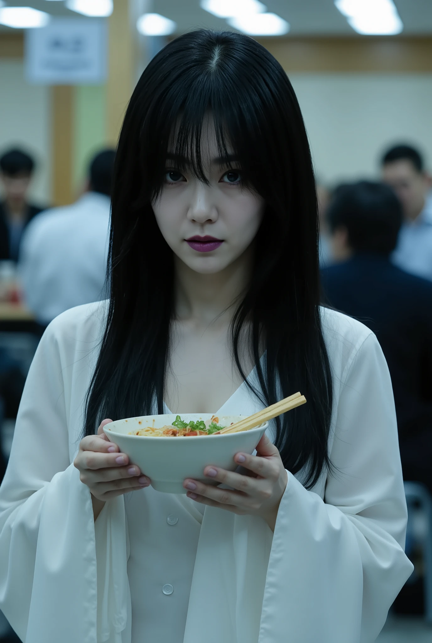 Capture a scene during a break on a horror film set featuring a beautiful Japanese actress. She has ghostly pale skin and deep purple lips, exuding an eerie presence. Her long, disheveled black hair partially obscures her face, enhancing her terrifying appearance. She is wearing a flowing pure white dress that contrasts sharply with the unsettling atmosphere. The background shows the film studio cafeteria, where she is eating ramen, creating a juxtaposition of normalcy and horror, reminiscent of a chilling moment from a horror movie.