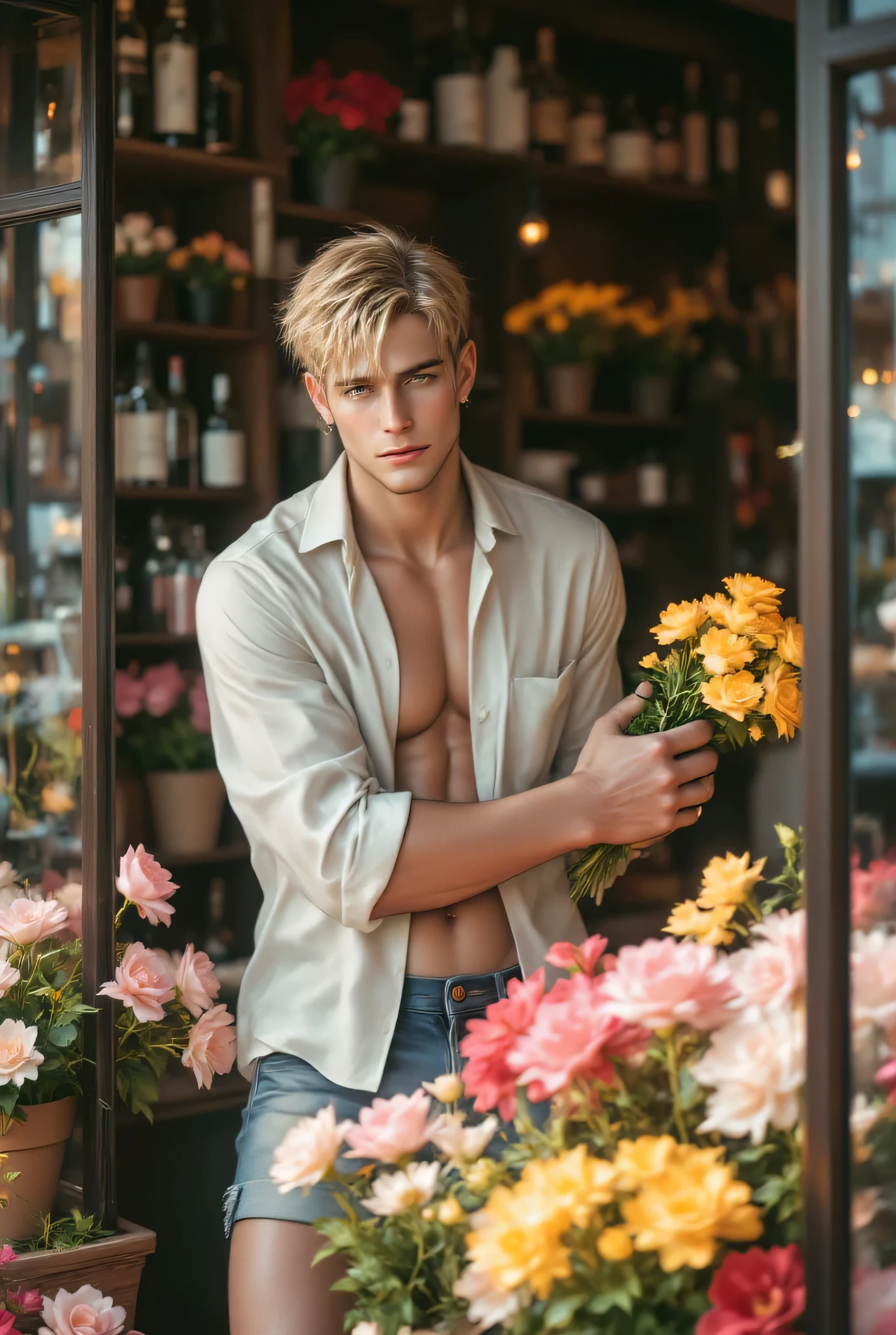**Situation:** In this charming scene, the blonde male model with striking blue eyes is browsing through a quaint flower shop in a picturesque Italian town. Dressed casually in a light linen shirt and comfortable shorts, he exudes a relaxed yet stylish vibe. The shop is filled with vibrant blooms of all colors, their fragrances mingling in the air, creating an inviting atmosphere. As he examines a beautiful bouquet of fresh flowers, his expression reflects a mix of delight and contemplation, considering which arrangement would be perfect. The shop's rustic decor, with wooden shelves and hanging plants, adds to the enchanting ambiance. Sunlight filters through the large windows, illuminating the colorful petals and enhancing the overall charm of the scene. The model's casual attire and warm demeanor make him blend seamlessly into the idyllic setting, capturing the essence of a leisurely day spent exploring the beauty of the town.