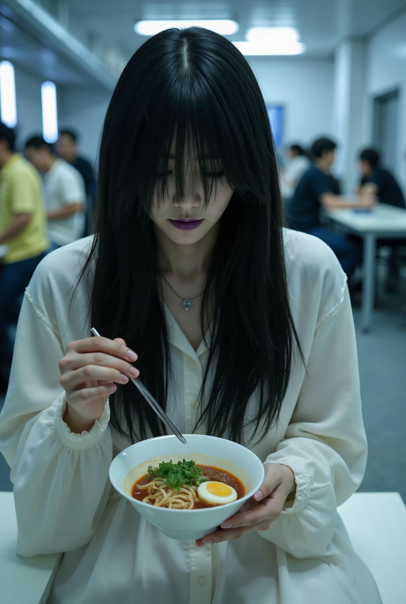 Capture a scene during a break on a horror film set featuring a beautiful Japanese actress. She has ghostly pale skin and deep purple lips, exuding an eerie presence. Her long, disheveled black hair partially obscures her face, enhancing her terrifying appearance. She is wearing a flowing pure white dress that contrasts sharply with the unsettling atmosphere. The background shows the film studio cafeteria, where she is eating ramen, creating a juxtaposition of normalcy and horror, reminiscent of a chilling moment from a horror movie.
