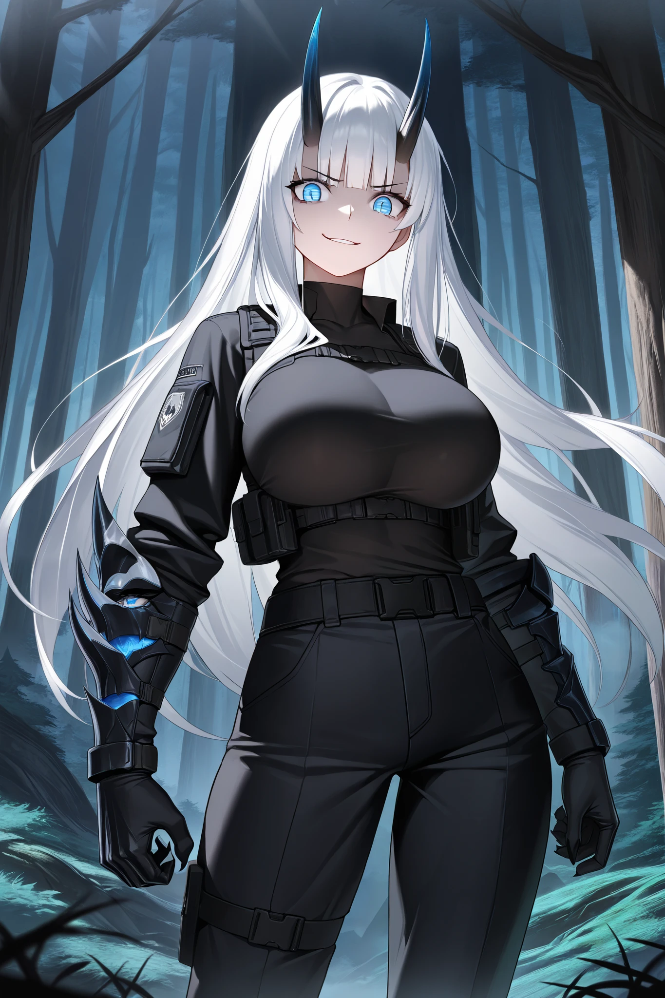 absurdres, (((HD))), (((Ultra High Quality))), ((hyper detailed)), ((Ultra High Resolution)), (Highly rendered), ((detailed eyes)), (((8K))), ((perfect face)), ((masterpiece)), 1girl, tall, white hair, long hair, split bangs, Oni, Oni horns, blue eyes, smirk, large breasts, tactical gloves, black shirt, clawed gloves, black pants, forest background