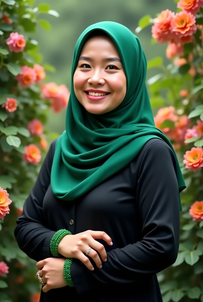 a beautiful Indonesian woman, smooth white skin, well-groomed face,wearing bottle green hijab, panjang, slow motion,wearing a bottle green hoodie, brand name (feel ) celana kargo hitam slow motion Banyak kantong nya,black watch, white shoes, posing standing next to pink orchid flowers,orange.red,purple, which flowers beautifully and thickly. The background of the beautiful orchid flower garden is very amazing .Realistic original photo