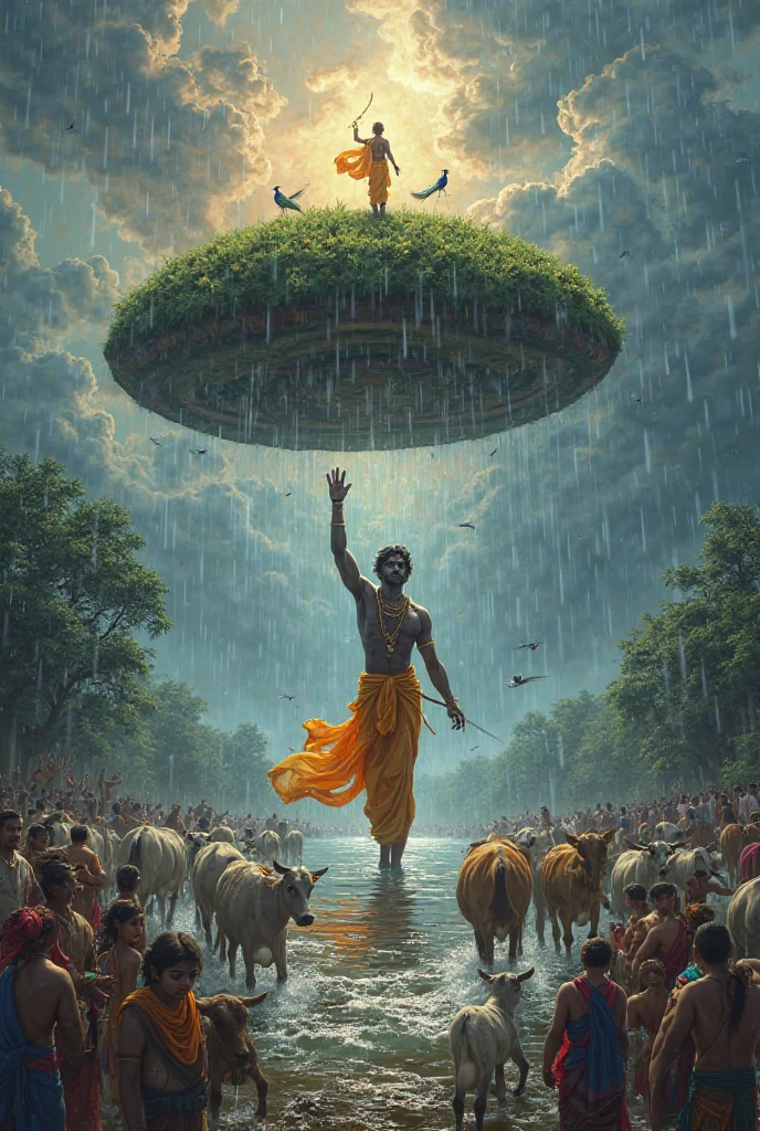 "A powerful scene with Lord Krishna lifting the Govardhan mountain with a single finger, surrounded by awe-struck villagers who are taking shelter under the mountain. The background is dramatic with stormy clouds and rain, symbolizing the wrath of Indra. The villagers look up at Krishna in amazement and devotion, with traditional Indian attire and rural setting, showcasing the divine act in a vivid and colorful manner."
