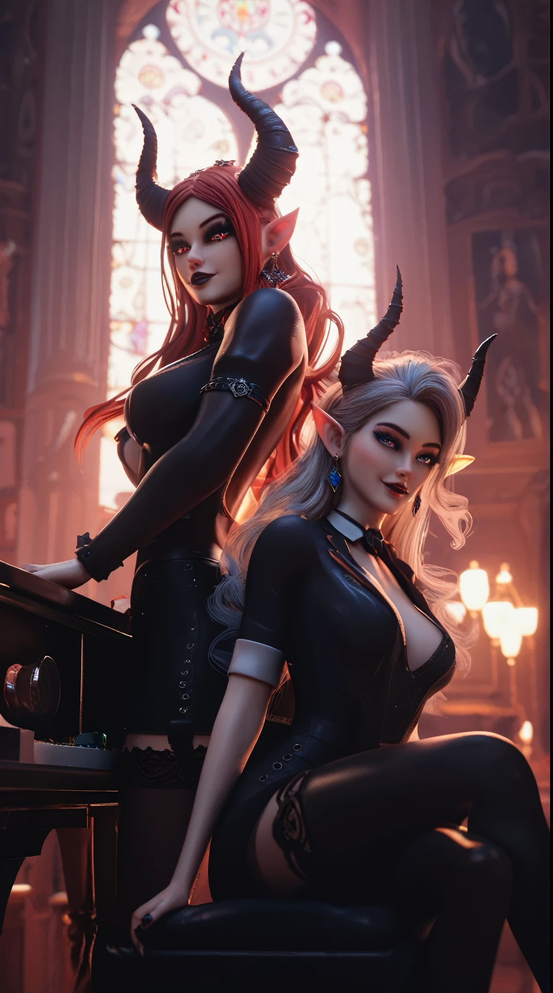 (Best quality, a high resolution, photorealistic), portrait, Dressed in a succubus costume, long red hair, Looks at the viewer with a lustful face, Wants to fuck him passionately, Realism, huge breasts, Thinks about kinky sex, Wants to have sex forever, Stands in hot springs