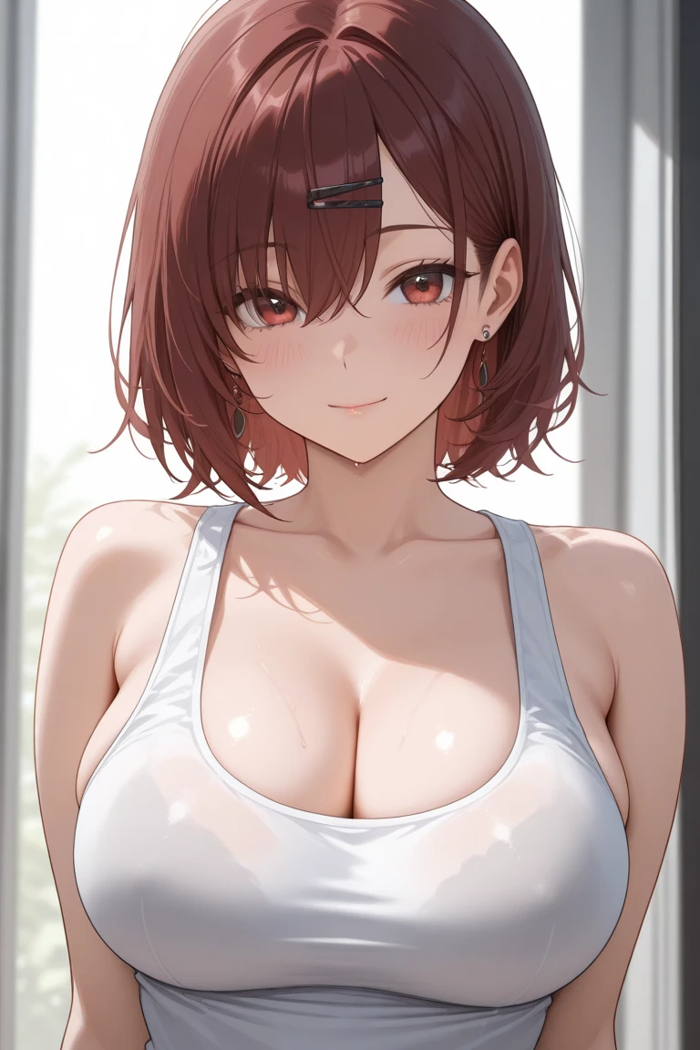 (highest quality), (Super detailed), (Best Illustration), (beauty), (front), Upper body, (white bra), (big breasts), embarrassing, cheeks are red, short hair, black hair, straight, brown eyes, slightly droopy eyes, white background,