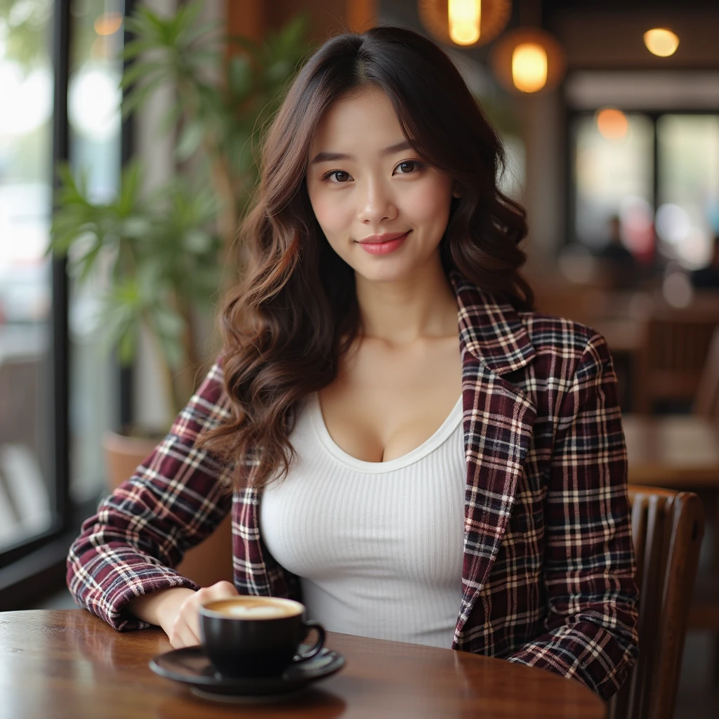 magazine potrait photoshoot, market on the background, half body beautiful female with black wavy long hair, long sleeve red flanel:1, face like anne hathaway mix with japanese female, using laptop in the cafe, smile, huge boobs:1.2, curve body, high res.photorealistic:.1.4, UHD