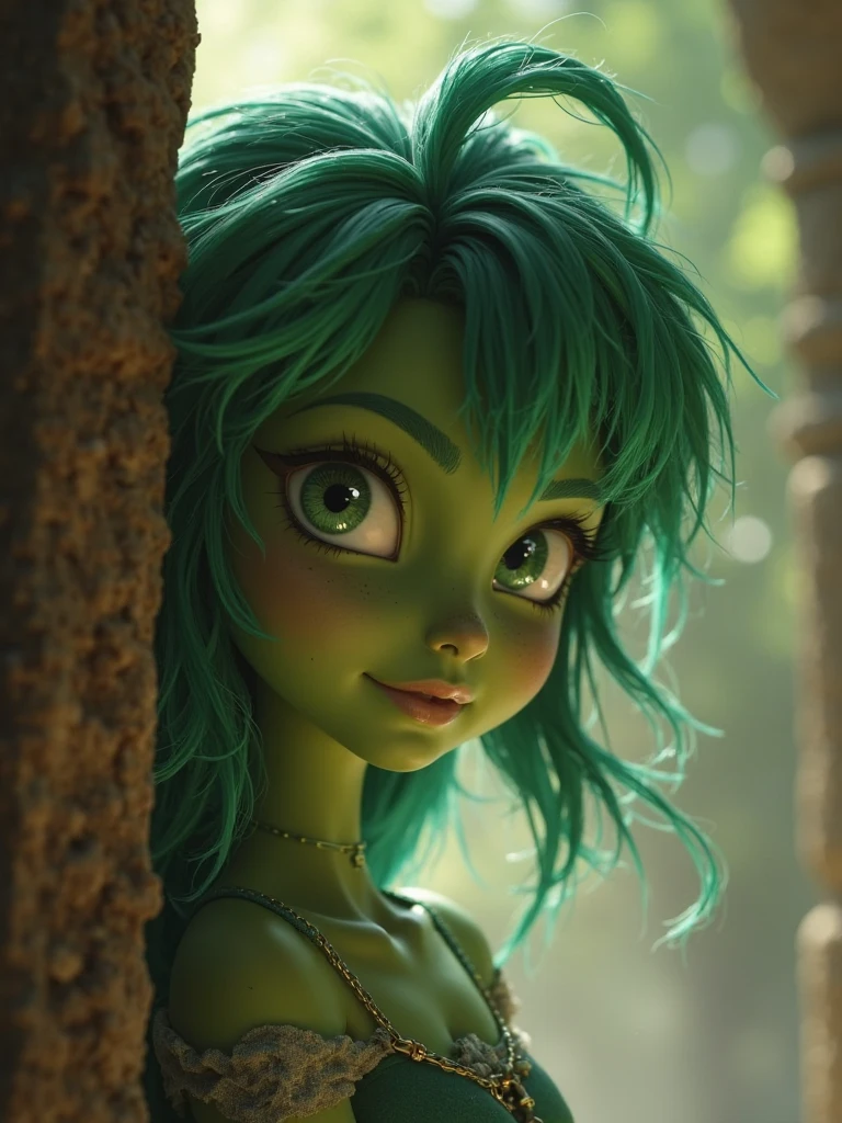((high resolution)), ((pale skin)), freckles, ((11 years old)) Kizi, with blue eyes, blushing cheeks, ((green hair)), Wavy hair, smiling, great hidden evil, like a fantasy druid on the moon, aerial view