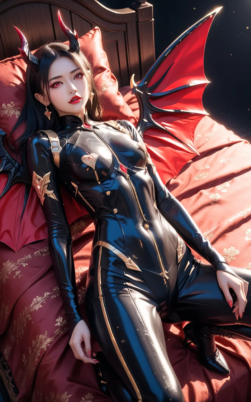 score_9,score_8_up ,score_7_up ,32K,masterpiece, best quality, ultra HD quality details,RAW photo,Anatomically Correct Body,anatomically correct fingers,source_anime,rating_explicit,photo realistic,shiny skin, detailed skin, detailed face, detailed eyes, detailed background,BREAK,Alone,Alone focus,alone,BREAK,japanese woman,28 years old,slender,small breasts,Small butt,pale, translucent skin,A body without wrinkles,A cute adult face,Beautiful hair,BREAK,Beautiful eyes with intricate detail,Beautiful eyes,Intricate Iris Details,meticulous eyelash details,thin eyebrows,light makeup ,BREAK,full body,dutch angle,(((nsfw))),small nipples,small areolas,light pink , light pink areolae,drenched body and hair,The costume exposes about 80% of the skin,(((The  is visible))),succubus, sultry gaze, glossy black hair, crimson lips, parted lips, sharp cheekbones,black leather , red dragon wings, black horns, red geometric tattoos, tight leather, metal buckles, red accents, emphasizing body lines,lying on back, legs spread wide, arms at sides,seductive study, velvet armchairs, antique books, warm lighting, red and gold accents, intellectual atmosphere,
