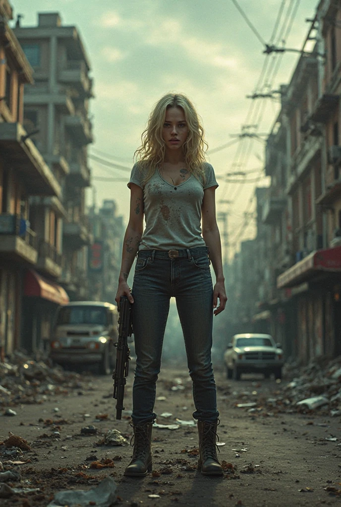 2076 year. The Urban Ruins of the Wasteland, Female huntress on her knees pulling carrots in the garden, beautiful face, blonde, torn shirt and denim shorts ,  long legs, sweating through, sun rising, Nice warm colors, head to toe full body shot