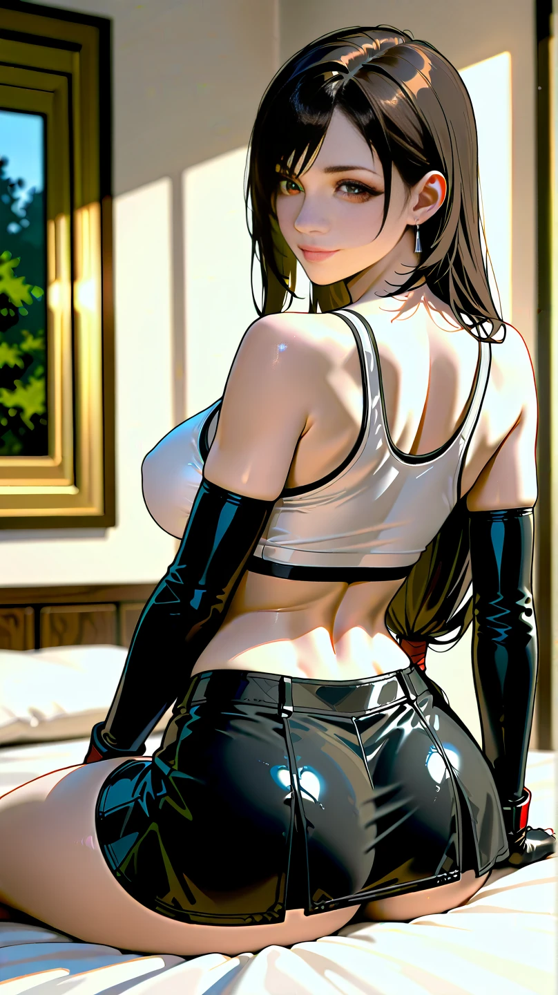 1lady solo, 28 year old mature woman, (looking up) from above, /(waitress/), /(dark brown hair/) bangs, blush light smile, (masterpiece best quality:1.2) delicate illustration ultra-detailed, (((White Background))) , looking at viewer, darker shadows, (((absurdres))), (((underboob))), (((sleeveless))), (((unbuckled))), (((ulzzang))), (((thigh gap))), (((very embarrassed))), (((mascara))), (((hands up surrender))), (((clenched fist))), (((feminine))), (((cinematic lighting))), ((())), curvy figure))((looking back, backside, POV from back))