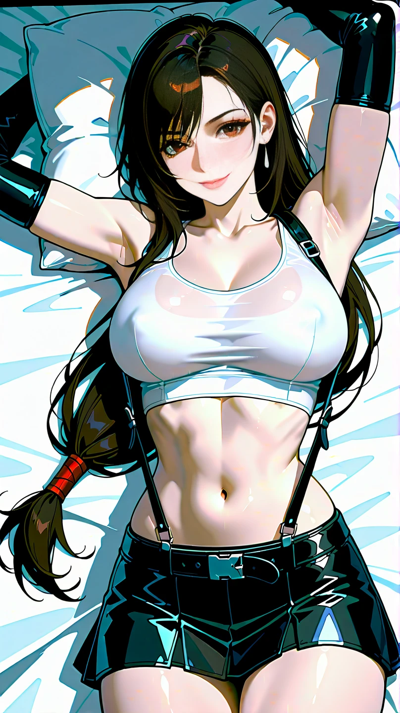 (masterpiece, 最high quality, high quality, high resolution), 1 girl, very beautiful detailed face tifa, tifa lockhart, Final Fantasy, white crop top, elbow pads, fingerless gloves, suspenders, short skirt, mini skirt, pencil skirt, black knee socks, whole body, ,in the room, lie in bed, handcuffed, being touched by someone,someone presses her chest, medium breasts, cleavage, white t-shirt, sexy look, beautiful butt, beautiful breasts, cute face, セクシーな女性のmasterpiece, sexy girl, hot, game, realistic, 超realistic, R18, 超realisticistic, black hair, long hair, straight hair, fine hair, intricate details, Super detailed, photorealistic, nude, underboob, side boob, cute tits, wet body, Very embarrassed, I can see my pants,very sweaty, blushing face