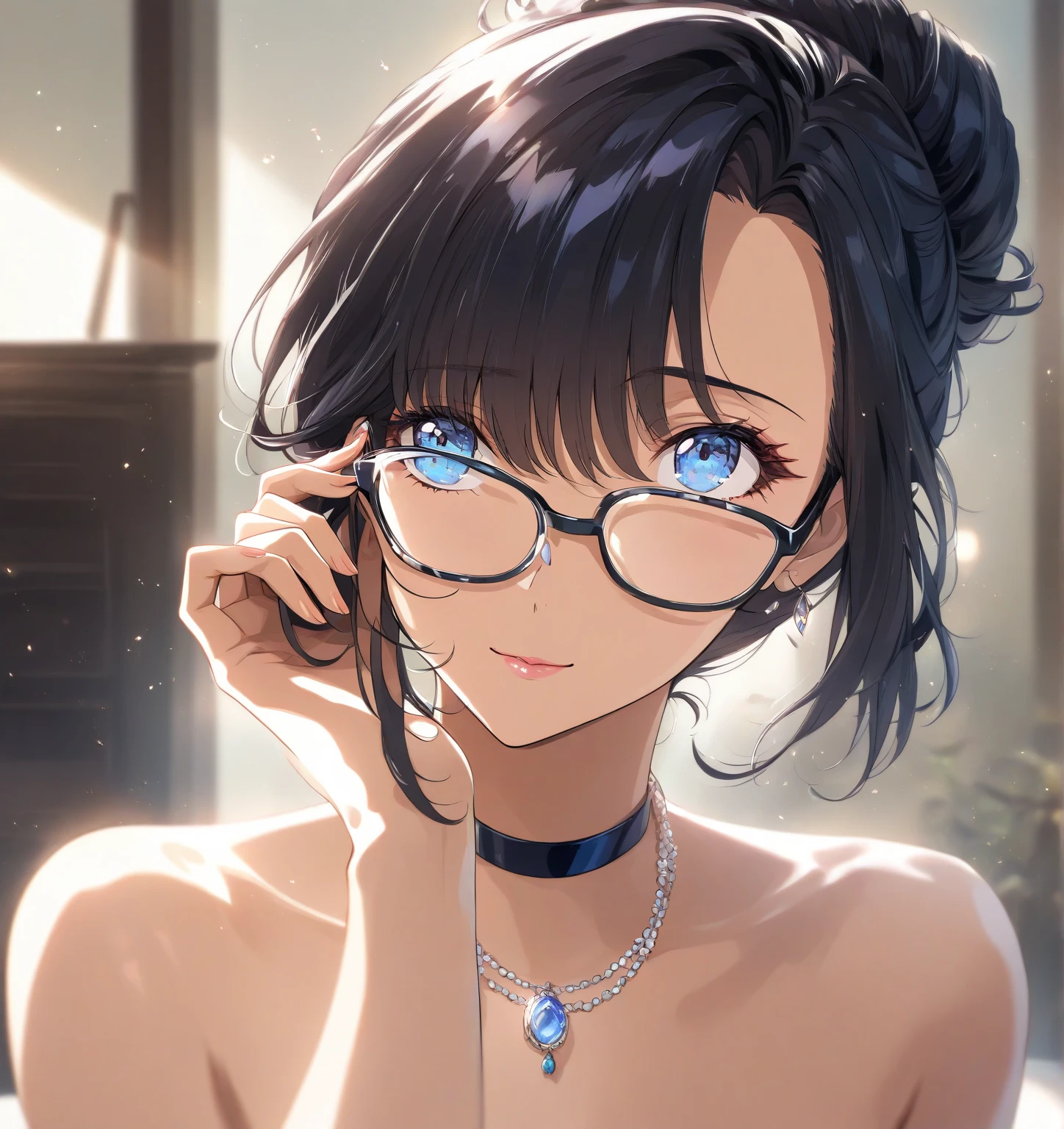 (((masterwork)))、(((best qulity)))、((ultra definition))、(Highly detailed CG illustrations)、((anextremelydelicateandbeautiful))、(Delicate and Pretty Face)、Cinematic light、(1girls)、a close up of a woman in a purple bra top and glasses, with glasses, oppai,with glasses on,