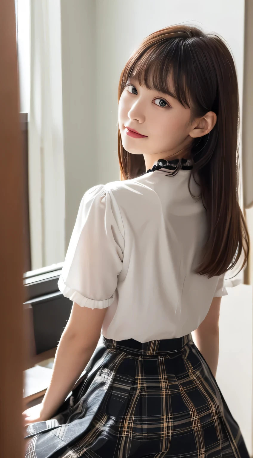 Young Japanese、woman、26 years old、Beauty、(Slender body、slender),(Long Hair、chestnut-colored hair),(Pure white cut-and-sew top、No sleeve、Short sleeve、White shirt、White cut and sew:1.7),Large Breasts、The bumps on the chest are visible、Small butt、(The lines of the lower body are emphasized、Pants、Tight slacks,Light brown slacks、Perfect for the body:1.8)、(Panty lines showing through pants:1.8)、Sexy Style、cute、Straight face、(Back view、Looking back on this、Straight face:1.8),Stick your ass out、Wearing black high heels、(Full body shot、Shooting from a little distance、Shooting from a distance:1.3)、(Full body photo:1.8)、(The line of the underwear is visible:1.4)、(Stairs:1.6)、(Anatomically correct body structure、Well-formed look、Correct Hand Structure、Balanced face)、Like a real photo