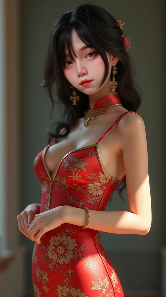 best quality, masterpiece, 1girl, Beautiful face, (photo realistic:1.3), rim lighting, (high detailed skin:1.2), 8k uhd, dslr, high quality, high resolution, 4k, 8k, Bokeh, absurdres, best ratio four finger and one thumb, (realistic:1.3), cute 1girl, medium breasts, wear red Chinese style one-piece cloth, sleeveless and backless