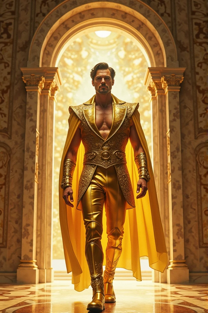 golden statue, sexy man, high, with long, straight hair, golden skin, gold jewelry, moon and full moon patterns on clothes, bare to the waist long floor-length skirt, in the building of the sand palace