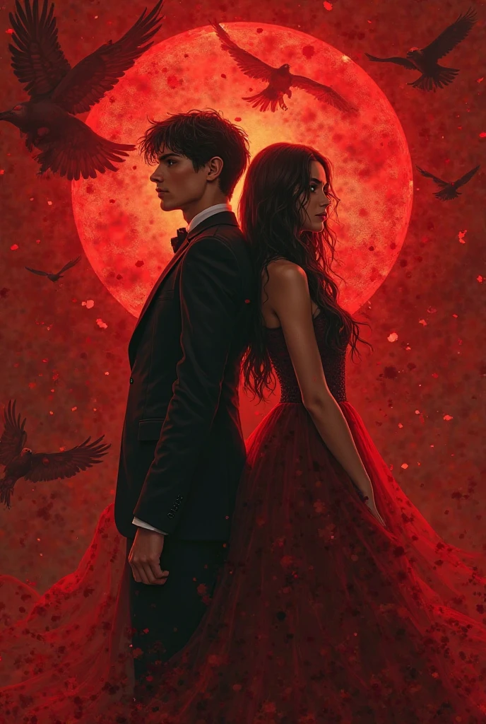 A girl with an extraordinary beauty face, black hair with waves and blue eyes with a red dress highlighted on her body in the forest with candles next to a guy about 20 years old tall with black hair down to her ears, a tattooed neck and wearing a suit with her hand on her waist and a serious face.