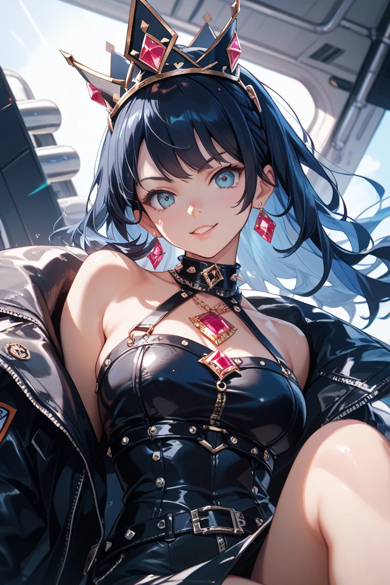 highest quality、masterpiece、Super high resolution、(Photoreal:1.4)、RAW photo、1 girl、black hair、glowing skin、1 Mechanical Girl、((Super realistic details))、Portrait、global illumination、Shadow、octane rendering、8K、super sharp、huge tit、The bare skin of the cleavage is exposed、Metal、intricate decorative details、gothic details、analog meter、Equipment wheel、Equipment、screw、golden hydraulic cylinder、very intricate details、realistic light、CG Society Trends、purple eyes、shining eyes、towards the camera、neon details、mechanical limbs、blood vessels connected to tubes、mechanical vertebrae attached to the back、cervical vertebrae mechanically attached to the neck、sit on top、Wires and cables connecting to the head、small led lamp、