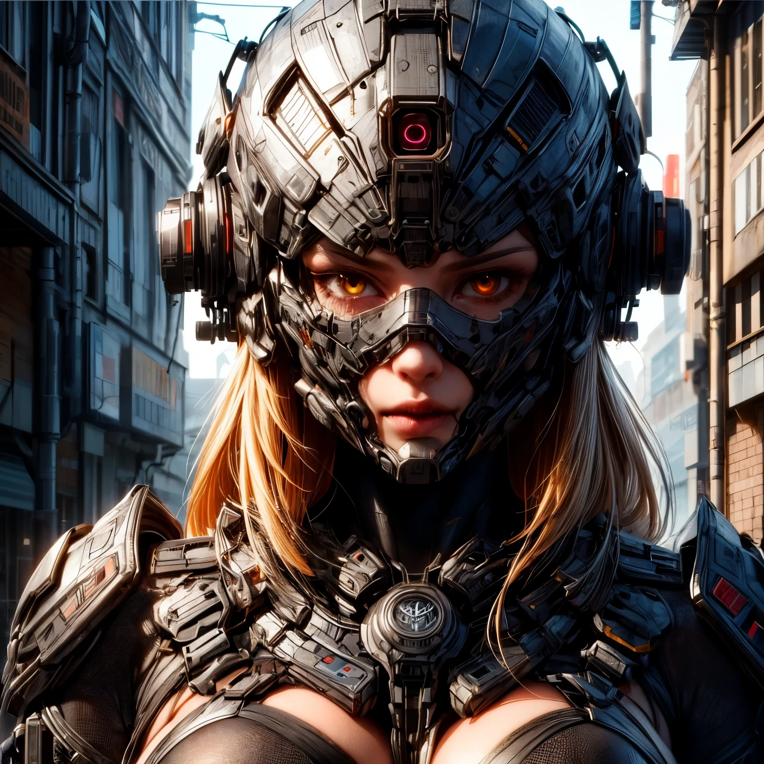 ((extreme quality)), ((Masterpiece)), ((Enrich the picture,Masterpiece level quality)), golden hair, long hair, very big breasts, golden eyes, fierce woman, ultra eyes details, RAW 4K, ( cinematic lighting, moody, textile shading), perfect proportions, ultra detailed, volumetric lighting, soft lighting, glossy skin, beautiful face, Special face details, strong emotions, elegant gesture, Detailed facial features, Long eyelashes, contrast, Incredible atmosphere, Fascinating setting, Haunting beauty , cyberpunk girl, cybog, cyber mask close mouth, cyber suit, cyber armor, head gear, hips up,