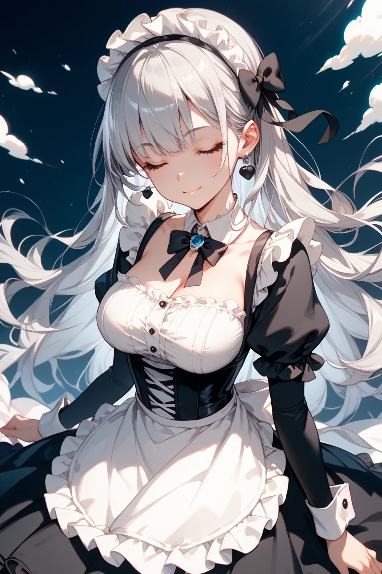 white haired girl blue eyes,maid suit with black color and roko details, blue ribbon in hair, the girl&#39;s pose is thin and flat,with the appearance of a girl who seems innocent, with a small face 