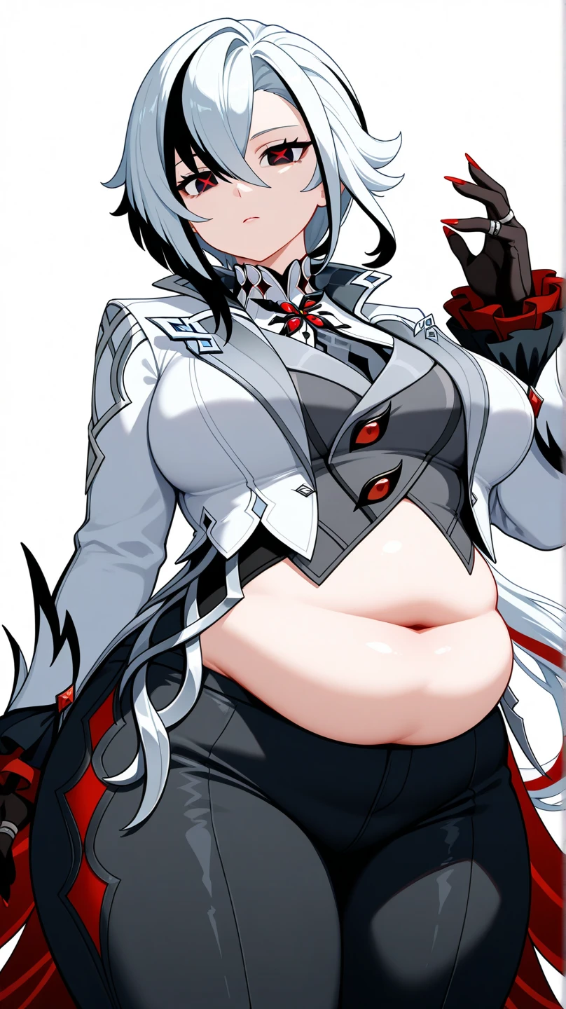 a close up of a woman, One dark red wing on her left Shoulders, arlecchino \(genshin impact\), 1girl, grey hair,multicolored hair, short hair,black eyes, x-shaped pupils,black gloves, long sleeves, grey jacket,grey bodysuit, black pants, Flat and serious expression, high quality, In the red boss match room, cool hair, Cool pose, gray eyes, white hair with black detailing hair, France city, tall, medium breast, (Belly Fat:1.5), (thick thighs, thick ass:1.5), (Belly Fat is whining, but she's got her clothes on somehow.:1.5)