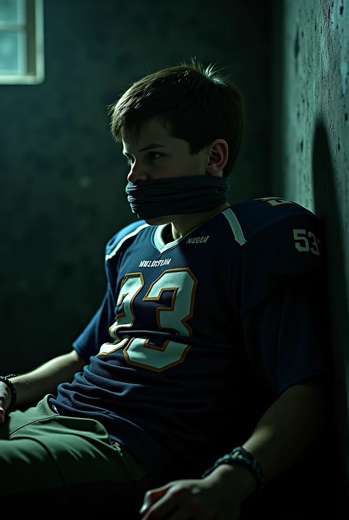 Teenage man in soccer jersey with hands and feet tied and mouth gagged
