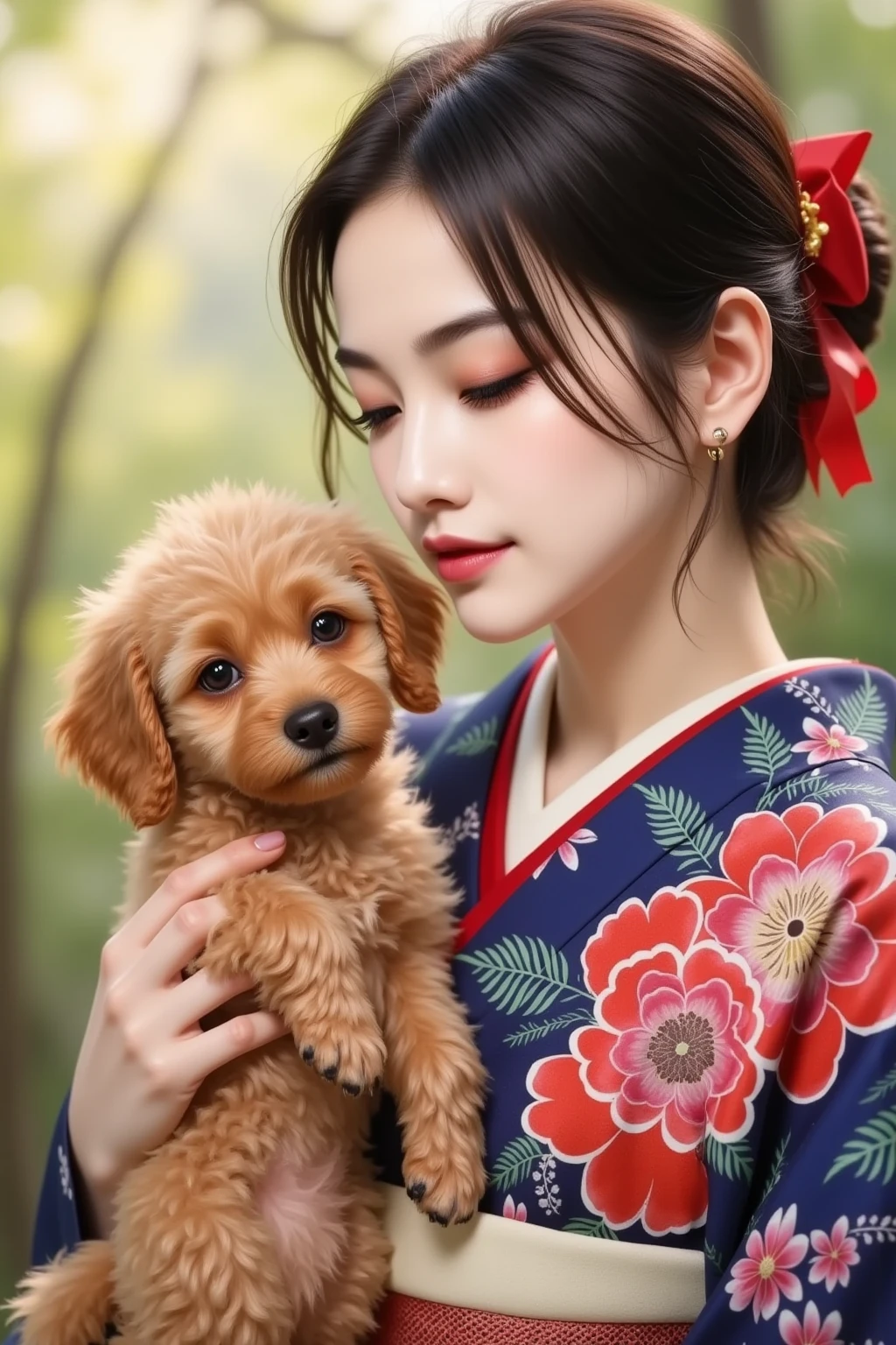 cute toy poodle puppy with beautiful fur、Portrait of a woman wearing a Japanese kimono、I'm stroking a toy poodle's head with gentle hands、quiet smile from comics、expresses beauty and strong affection、Portrait of a Japanese woman wearing a kimono with an extremely detailed pattern、Portrait of a Japanese woman with beautiful shining dark eyes、Quick brushstrokes and vibrant colors、A masterpiece of cute puppies and beautiful women、top quality、high image quality、8k、Photorealistic、real、photo shoot