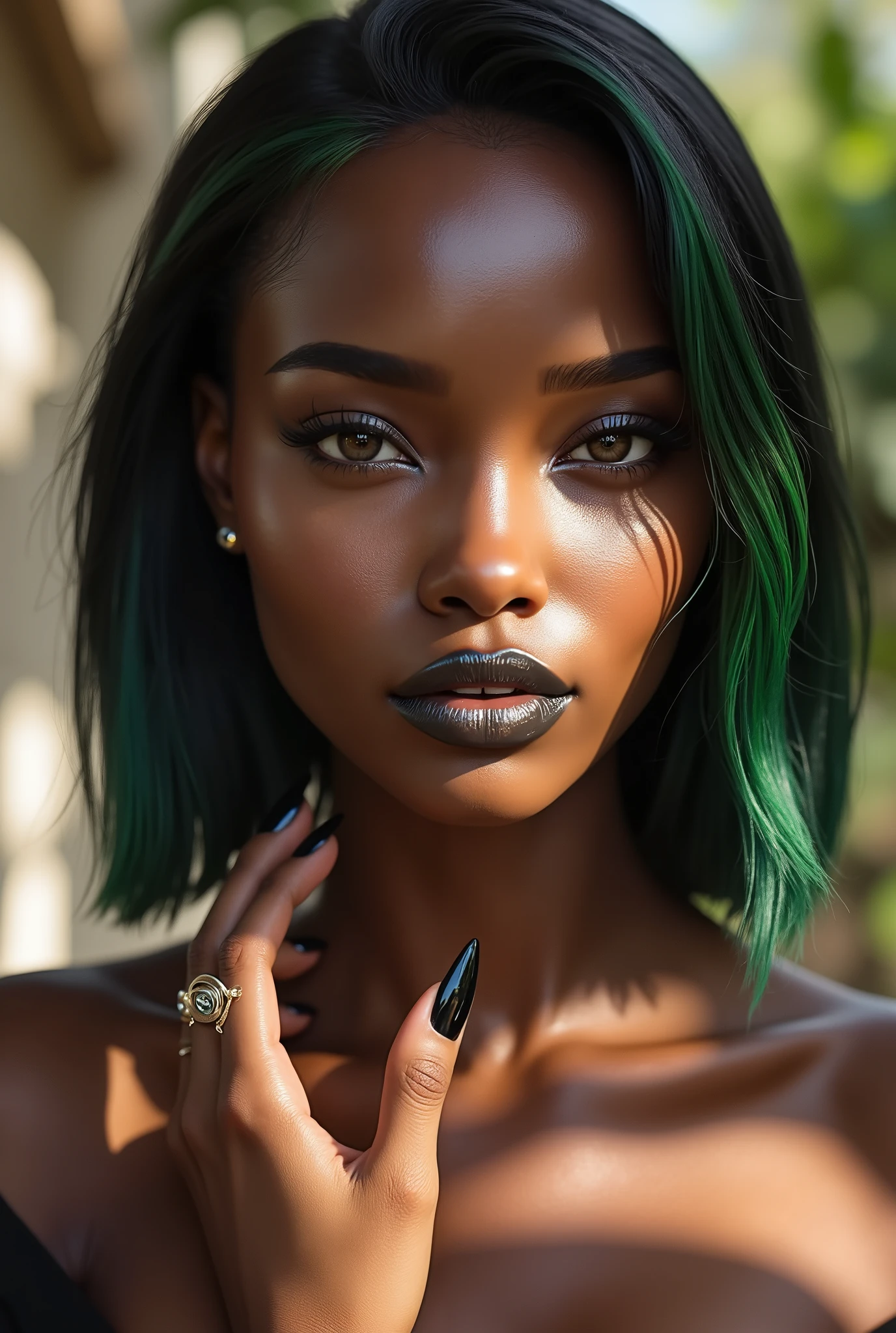 Hyper-realistic portrait,(Black Pearl Skin Color),Glowing skin,fine pore texture,Stylish shoulder-length straight hair(green ear dye on the face),very long pointed black nail art,metal decoration ring, Almond eyes ,Thick eyelashes,Eye Light,8k,Octane Rendering,Soft Dynamic Light and Shadow