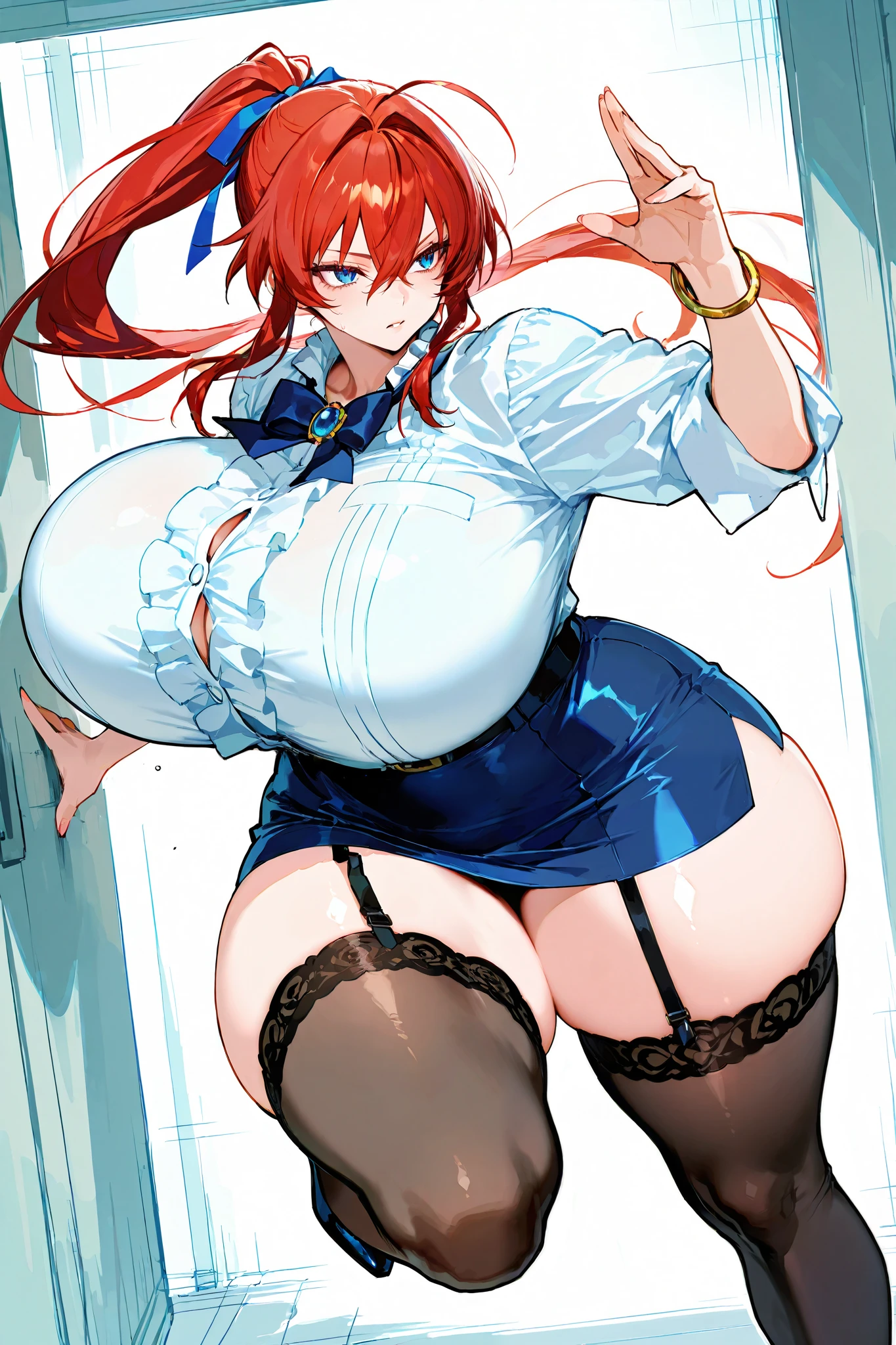 score_9, score_8_above, score_7_above,(super high quality, super High resolution),1woman, solo,gleaming skin,(White frilled shirt with sleeves rolled up),((White frilled shirt with sleeves rolled up)),(A blue brooch with a blue ribbon around the neck),(Navy blue tight mini pencil skirt),(Black belt),(Black garter stockings),(Black high heels),(One gold bangle on the left wrist only),(I have nothing in my hands),(Fighting), (Blue eyes),(dignified eyes), Long hair, (red hair),(red hair),(ahoge),hair intakes, hairs between eyes,(ponytail),(Navy blue hair ties),Slit eyes,tsurime,(gigantic hips, wide hips, gigantic breasts, thick thighs), detailed,( curvy body), ((tiro de cowboy)) SimplePositiveXLv2
