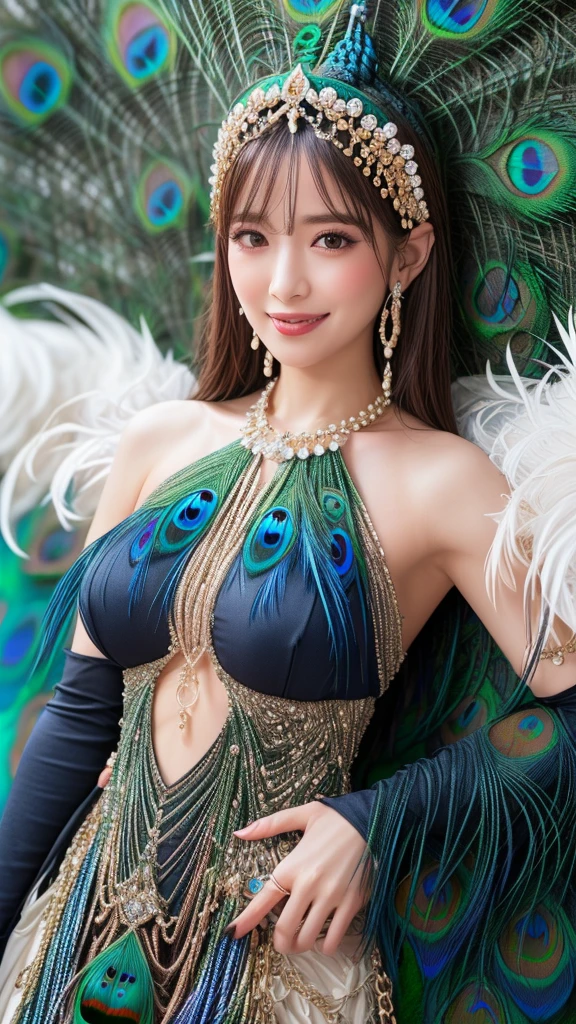 1 girl,skirt,(Dress by (Peacock feathers)),outdoor, (standing posture),jewelry,Lips slightly open, lustful smile, red lips,(Lactation:1.2),(huge breasts),((8k, original photo, top quality, masterpiece), HD RAW color photos professional close-up photos), (actual, photorealism: 1.37), (best quality), (best shade),ultra high resolution, HD CG unified 8K wallpaper,soft sunshine,clothing details, alone,Tamaki