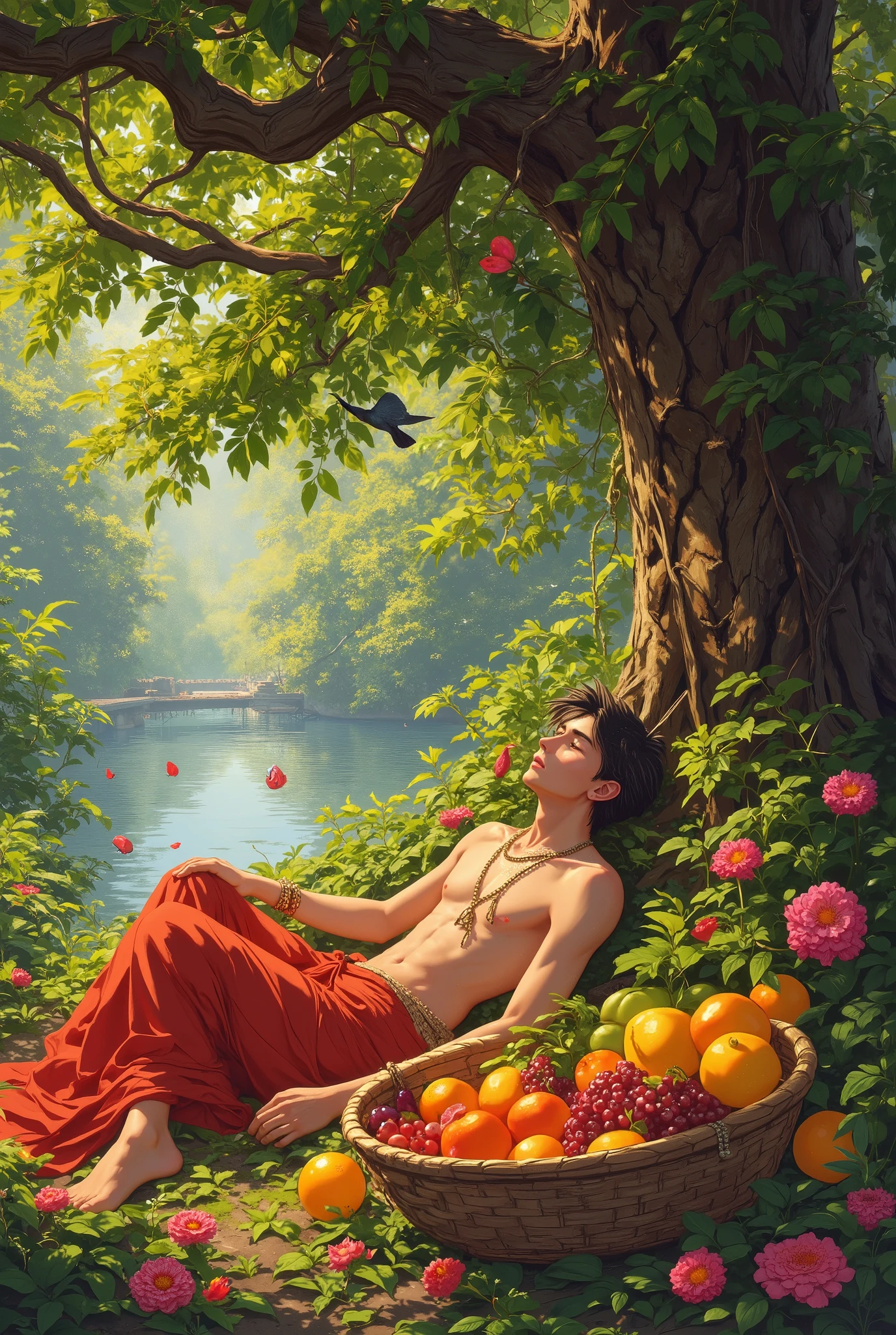 A beautiful young man is lying in a flower garden eating fruit, a huge bowl of fruit is placed next to him, he is lying under a big banyan tree, birds are singing in the tree, there is a beautiful river behind the tree. He is wearing very expensive shiny clothes.